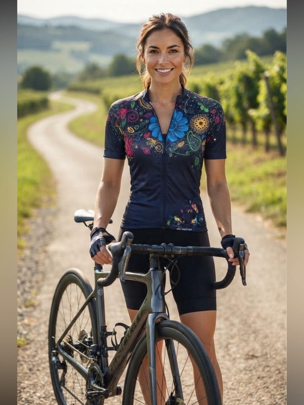 Weimostar Womens Floral Cycling Jersey Sz L Full-Zip Short Sleeve Pockets Navy